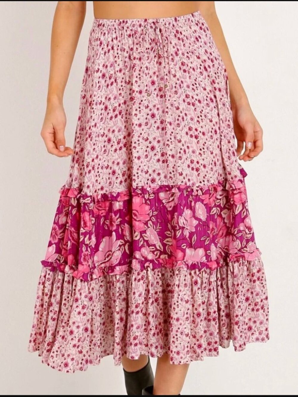 Spell & The Gypsy Winona Midi Skirt Berry pink metallic tiered ruffle S